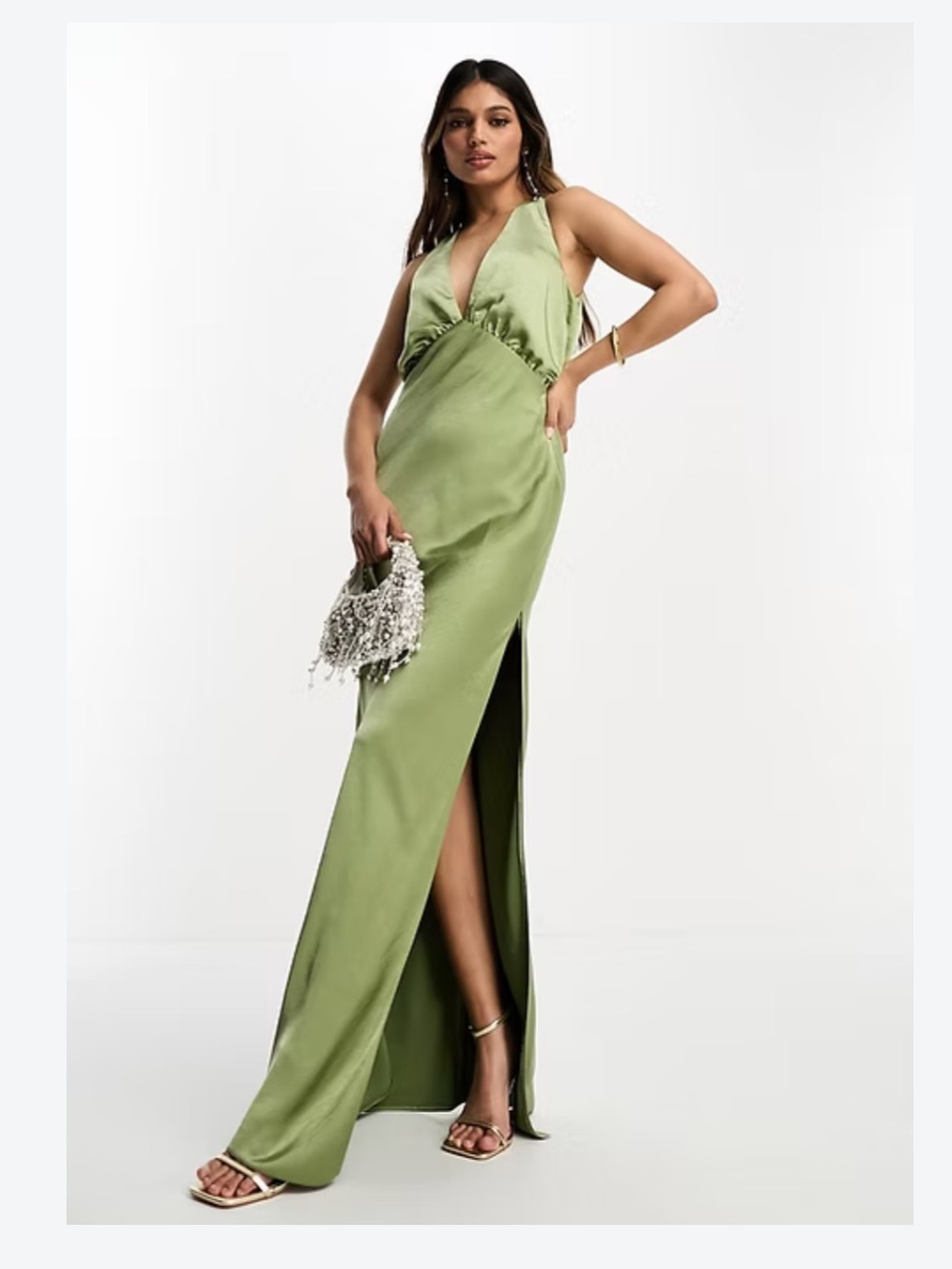 ASOS DESIGN Satin Plunge Slouchy Maxi Dress Olive Green US 2 NWT